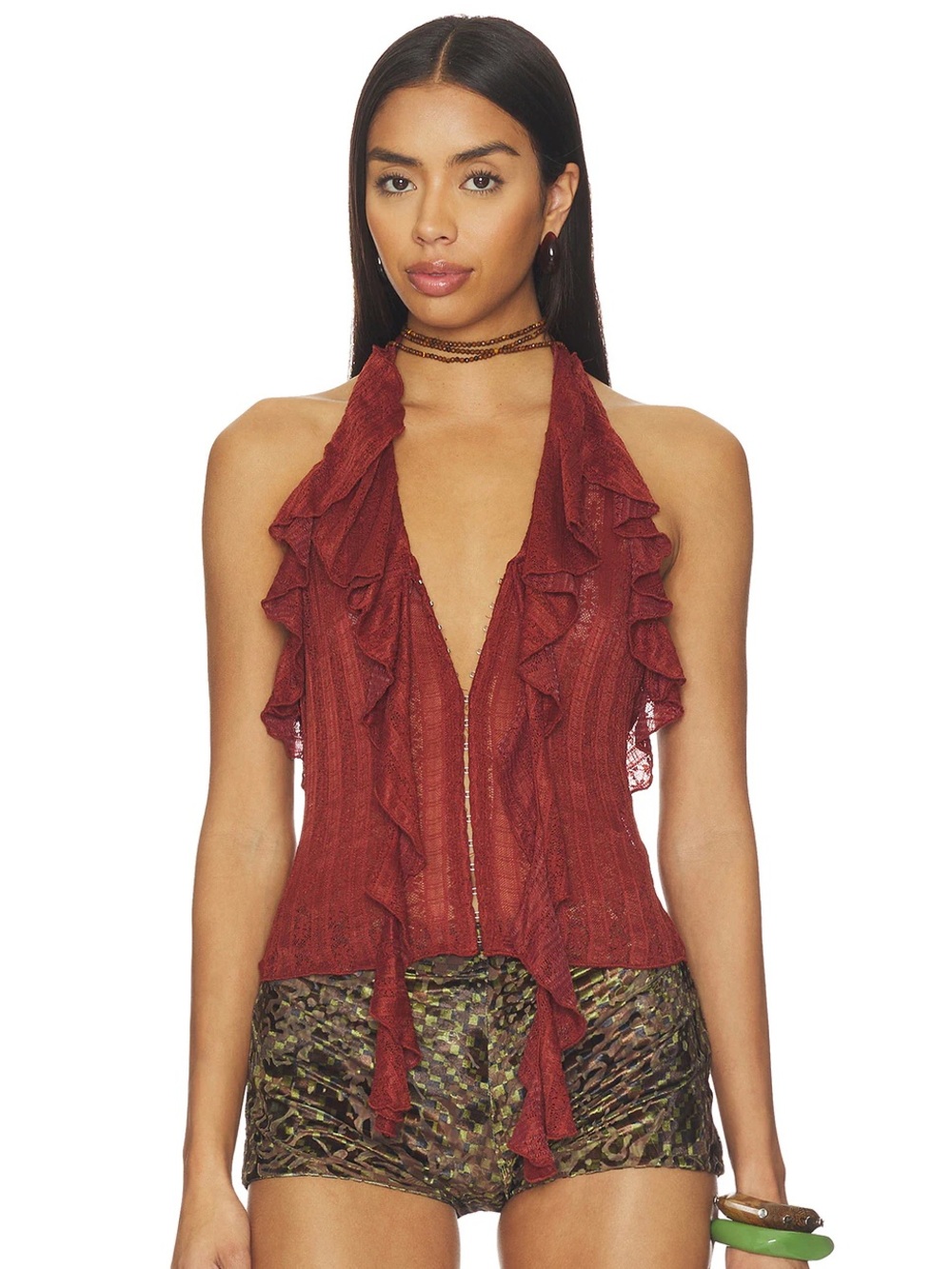 More To Come Revolve Marilou Dark Red Ruffled Halter Neck Mesh Lace Top M NWT
